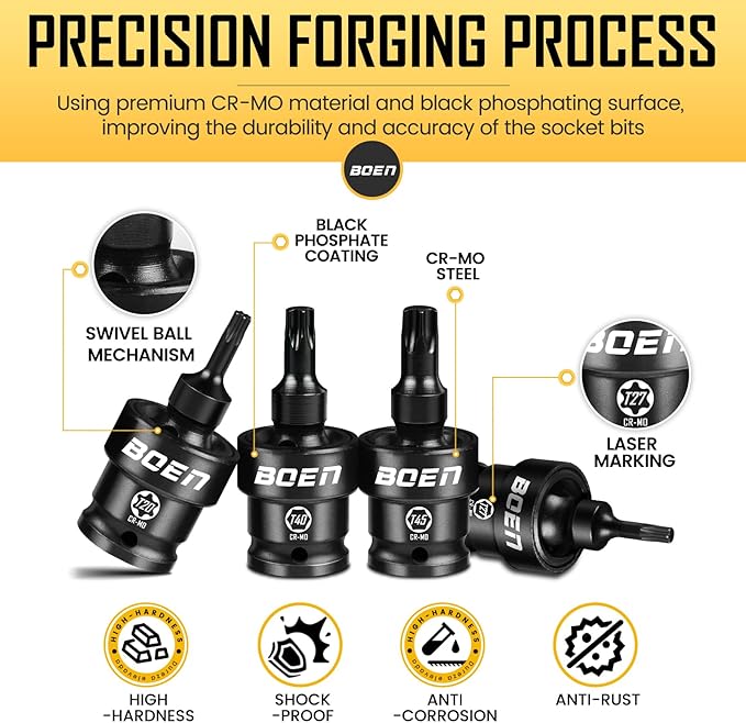 boen 3/8" Drive Universal Torx Bit Socket Set, 7-Piece SAE Impact Swivel Star Bit Sockets, 360° Rotation Flexible Wobble Torx Bit Driver Socket Set, With Storage Rail, CR-MO Steel