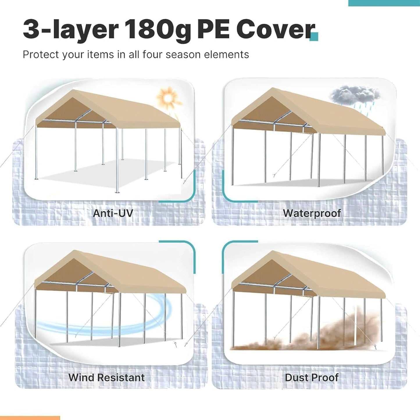 Carport Replacement Canopy Cover for Car Tent Top Garage Shelter Cover Tarp with Ball Bungees (Only Top Cover, Frame Not Include) (Ginger, 12' x 20')