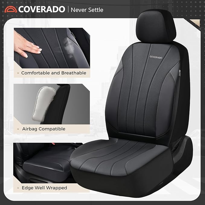 Coverado Car Seat Covers Front Seats, Automotive Seat Covers 2 Pack, Leather Car Seat Covers, Airbag-Compatible, Spill-Proof Design, Black Seat Covers for SUV Sedan Truck