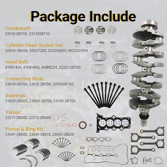 G4FJ 1.6 Engine Overhaul Rebuild Kit w/Crankshaft Head Gasket Set Connecting Rod Piston Kit Head Bolt Fit For Hyundai Sonata Veloster Tucson Kia Soul Forte Optima 1.6L 2011-2022 23110-2b710