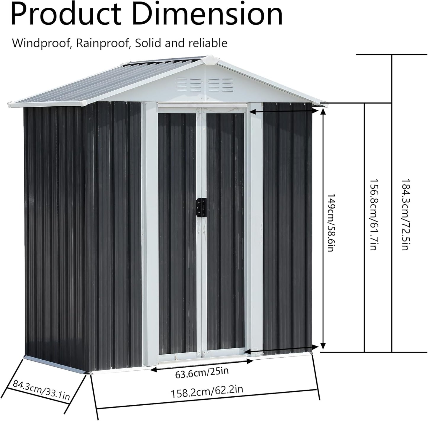5X3 FT Outdoor Storage Shed, Waterproof Metal Garden Sheds w/Lockable Sliding Doors and Vents, Weather Resistant Tool Storage House for Backyard, Patio, Lawn, Dark Grey