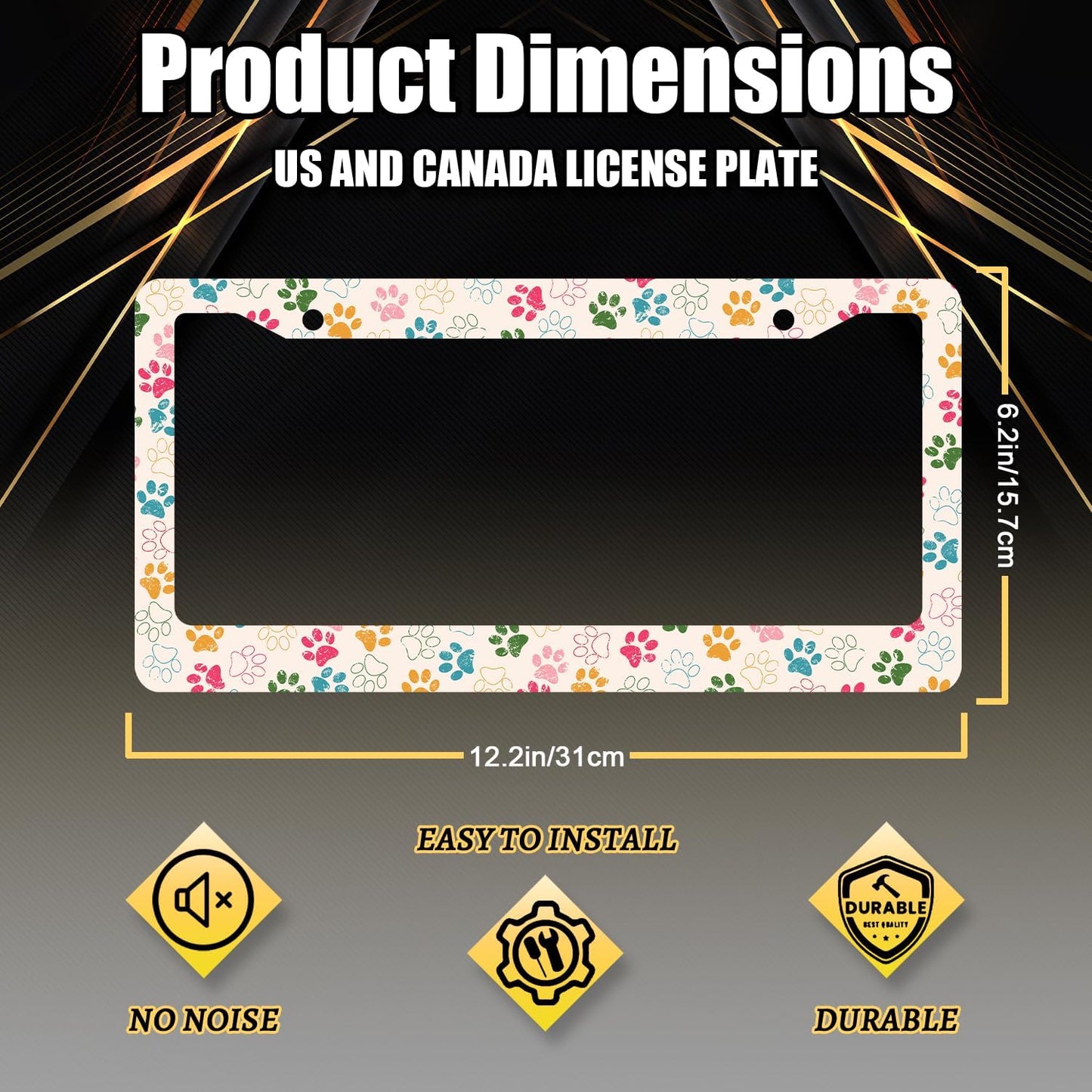 Colorful Dog Paws License Plate Frame Animal Dogs License Plate Holder Stainless Steel Funny Design with 2 Holes and Screws 12.3" x 6.3"