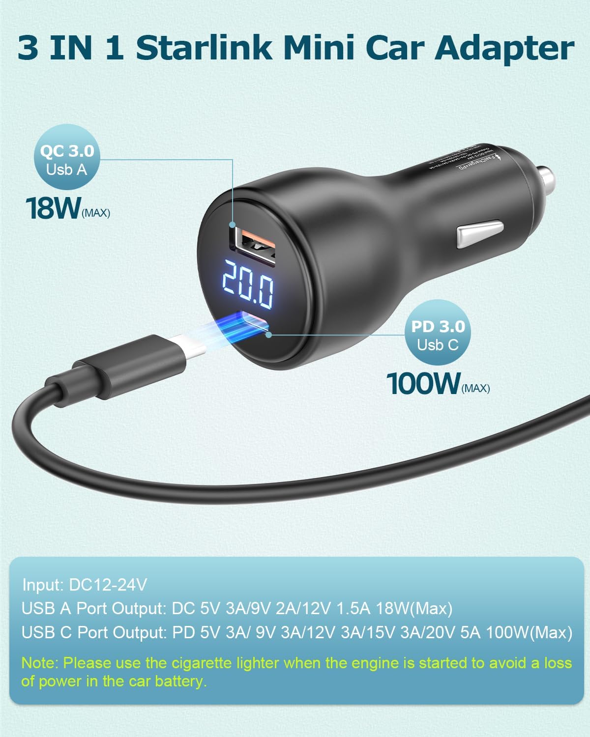 Starlink Mini USB C Power Cable 5.9FT 3 in 1 Starlink Mini Car Adapter DC Power Cable and Car Charger Smart Boost 12V to 20V/100W with Digital Display Durable USB C PD 100W and USB A 18W Port 1.8M