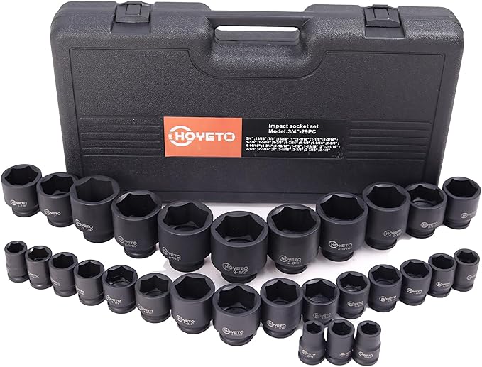 29-Piece 3/4" Drive Impact Socket Set, SAE 3/4" to 2-1/2", 6-Point Design, Rugged Construction, with Heavy-Duty Storage Case – Ideal for Auto Repair & Household Use