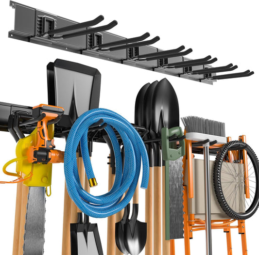 Garage Tool Organizer Wall Mount, 49.5 Inch Garage Organization and Storage Heavy Duty with 3 Packs Rails and 6 Adjustable Hooks, Garden Yard Tool Hanger Rack for Shovel, Max Load 600lbs