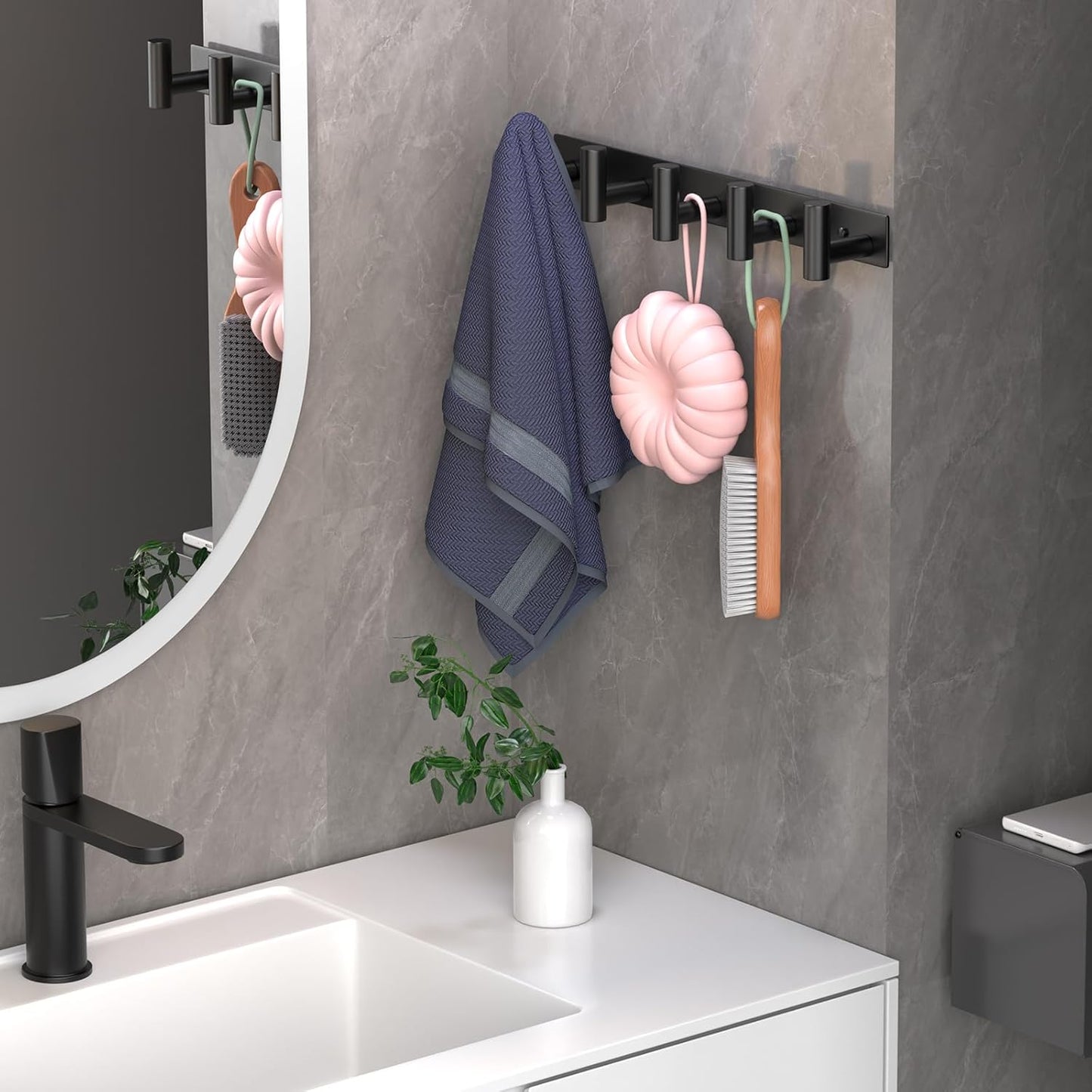 Coat Rack Wall Mounted with 5 Hooks,Metal Wall Hooks for Hanging Towel Coat Bag, Stainless Steel Coat Hooks Hat Rack Coat Hanger Towel Hooks for Entryway Bathroom Kitchen (Black, 2 Packs)