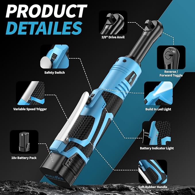 Electric Ratchet Wrench Set,18V Cordless Ratchet Tool Kit,550 RPM, 3/8" Variable Speed Power Ratchet Wrench with LED Light, 2 * 2.0Ah Li-ion Batteries and Fast Charger, Blue