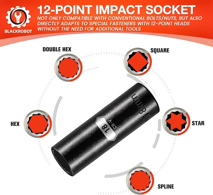 BLACKROBOT 18 mm 12-Point Deep Impact Socket, 1/2 Inch Drive, Metric, Cr-V Steel With Black Manganese Phosphate Coating