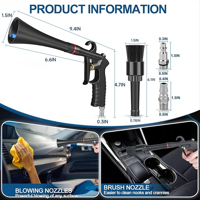 Tornado Car Cleaning Gun, Dry Car Detailing Tools, Aluminum Alloy Bearing Nozzlefor, Car Quickly Blasts Dirt and Dust Works with Air Compressor (Black)