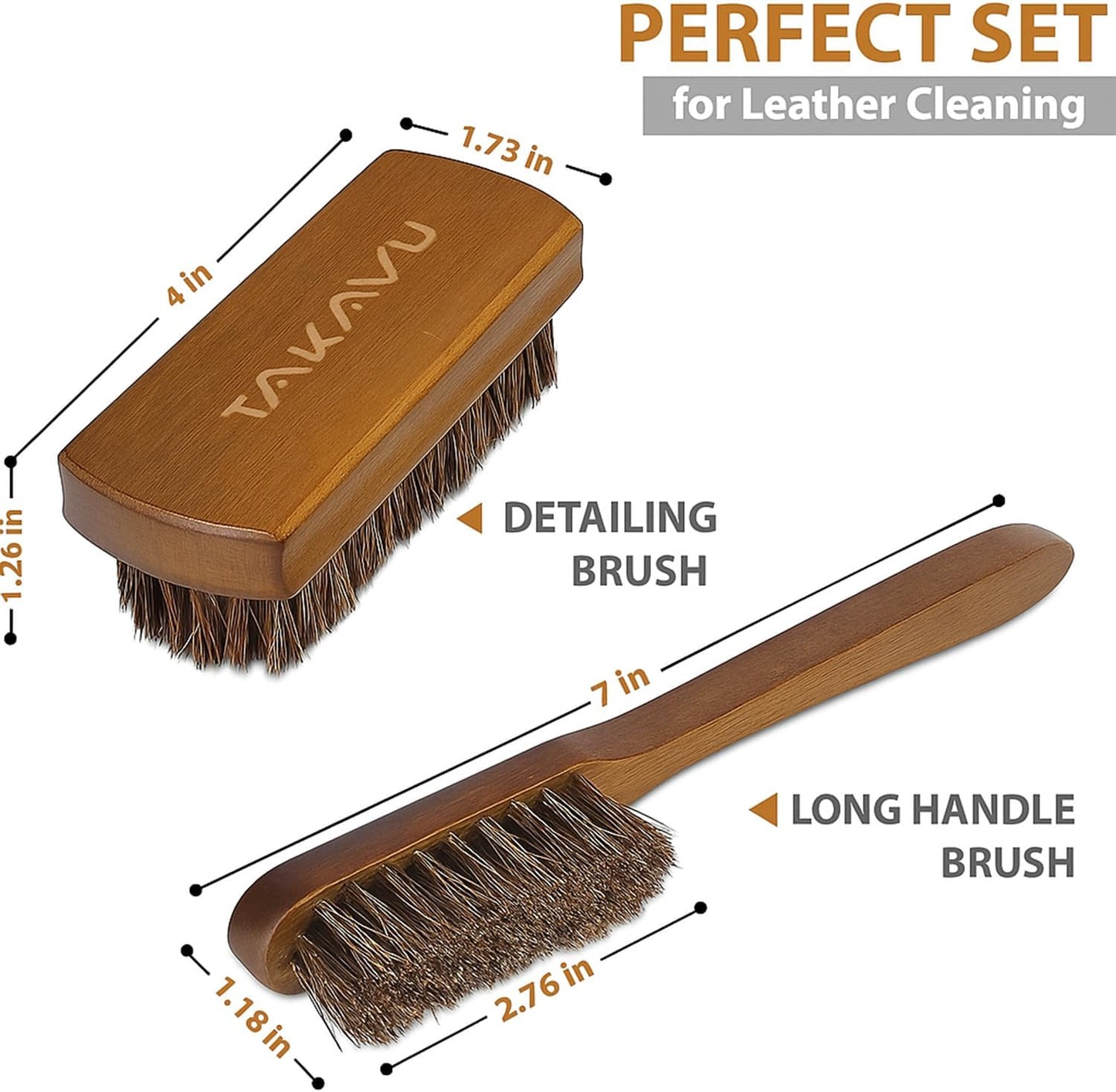 TAKAVU Leather & Upholstery Cleaning Brush Set, 100% Horse Hair Bristle, to Clean Car Seats & Leather Sofas, for Alcantara, Interiors, Furniture, Boots, Shoes, Bags and More