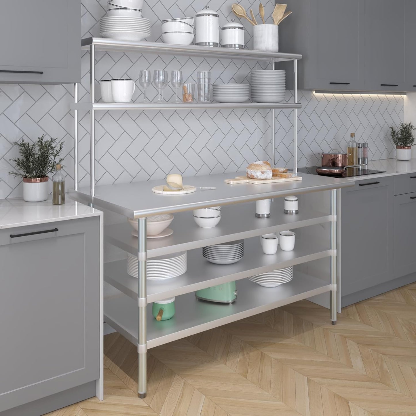 Amgood 30" x 60" Stainless Steel Work Table with 3 Shelves and 12" Wide Double Tier Overshelf | Metal Kitchen Prep Table & Shelving Combo | NSF