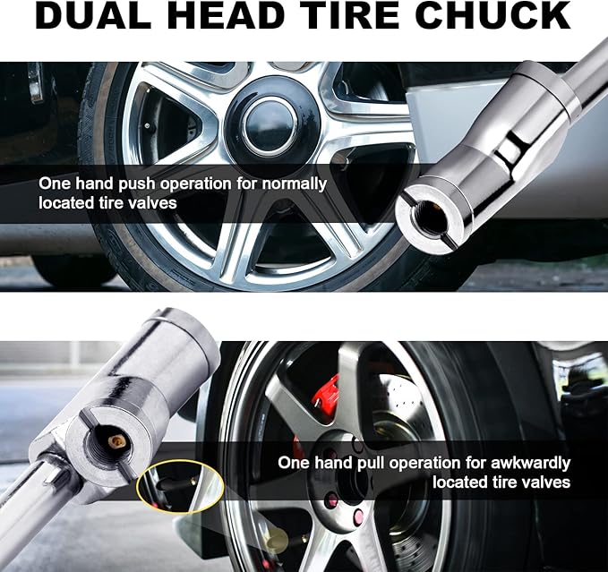 2-Way Connection 13.8" Extended Air Chuck Set, 1/4 in FNPT Straight Foot Dual Head Tire Inflate Chuck with Standard Quick Plug, Tire Air Compressor Fill Kit for Truck RV Dually Tires