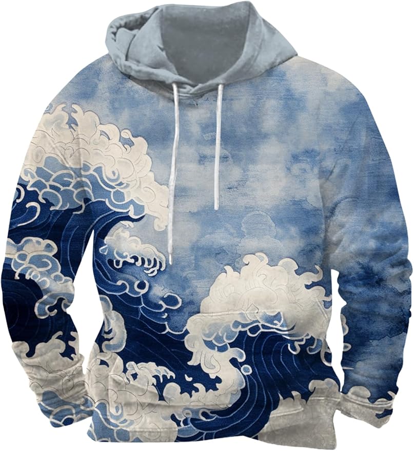 Mens Animal Print Graphic Hoodies Casual Long Sleeve Japanese Art Style Hooded Sweatshirt Lightweight Pullover Tops
