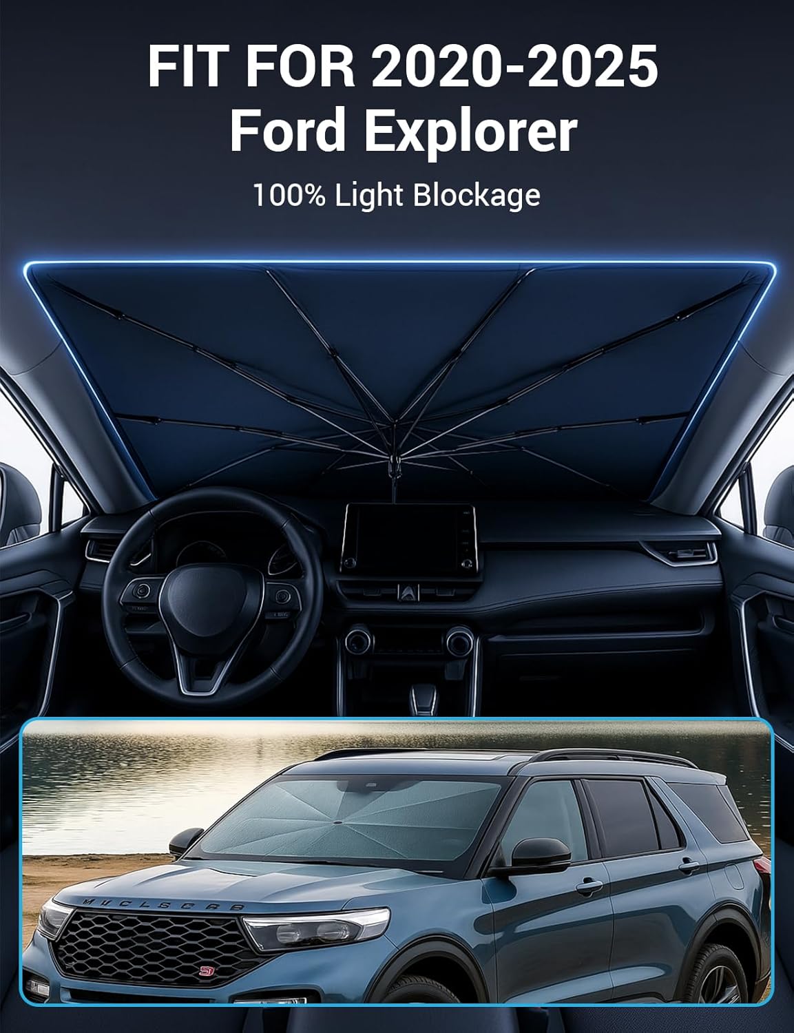 Proadsy Windshield Sun Shade Umbrella for Ford Explorer 2020-2025 Foldable Car Umbrella Sunshade with Soft TPU Handle Spring Structure Crystal Cooling Material Protect Car from Rays & Heat