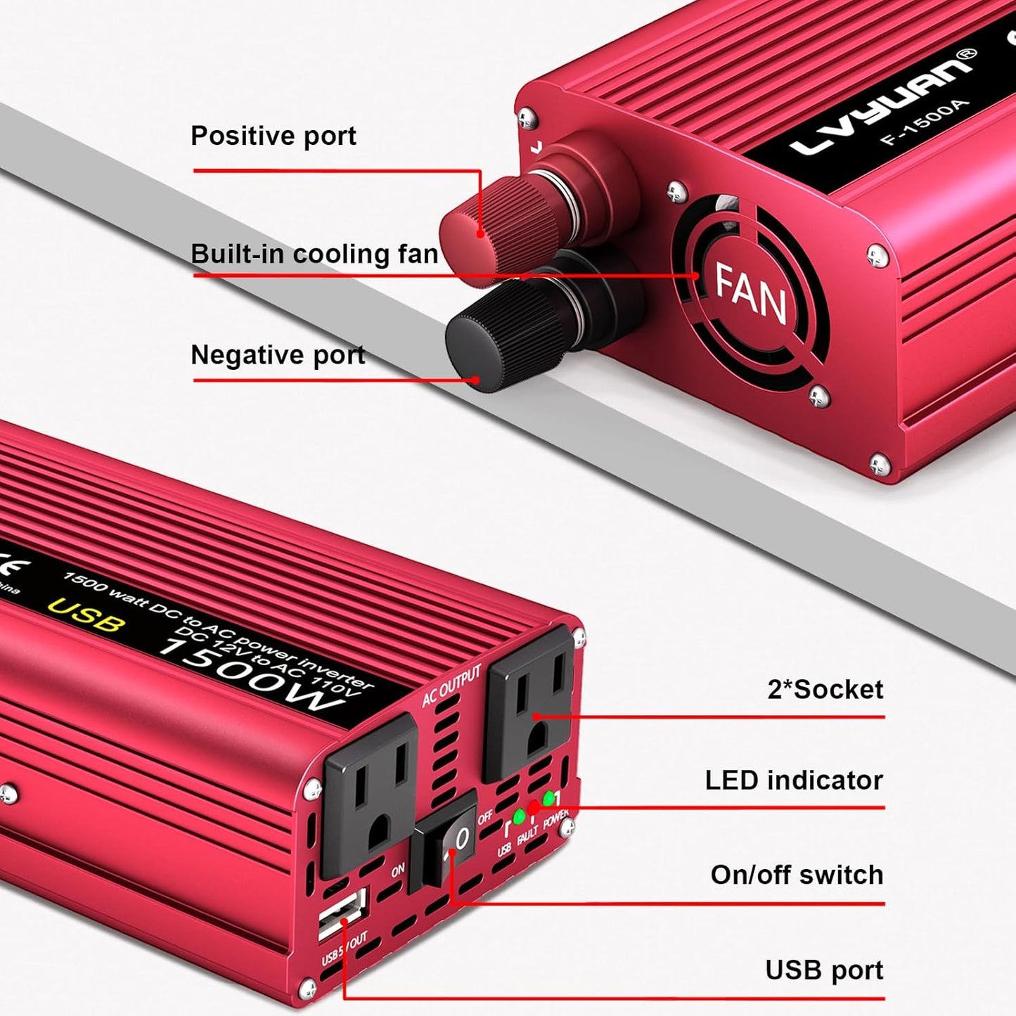 Power Inverter 700W/1500W (Peak) Dual AC Outlets and USB Charging Port DC 12V to 110V AC Car Converter Inverter for Home Car RV Truck Camping