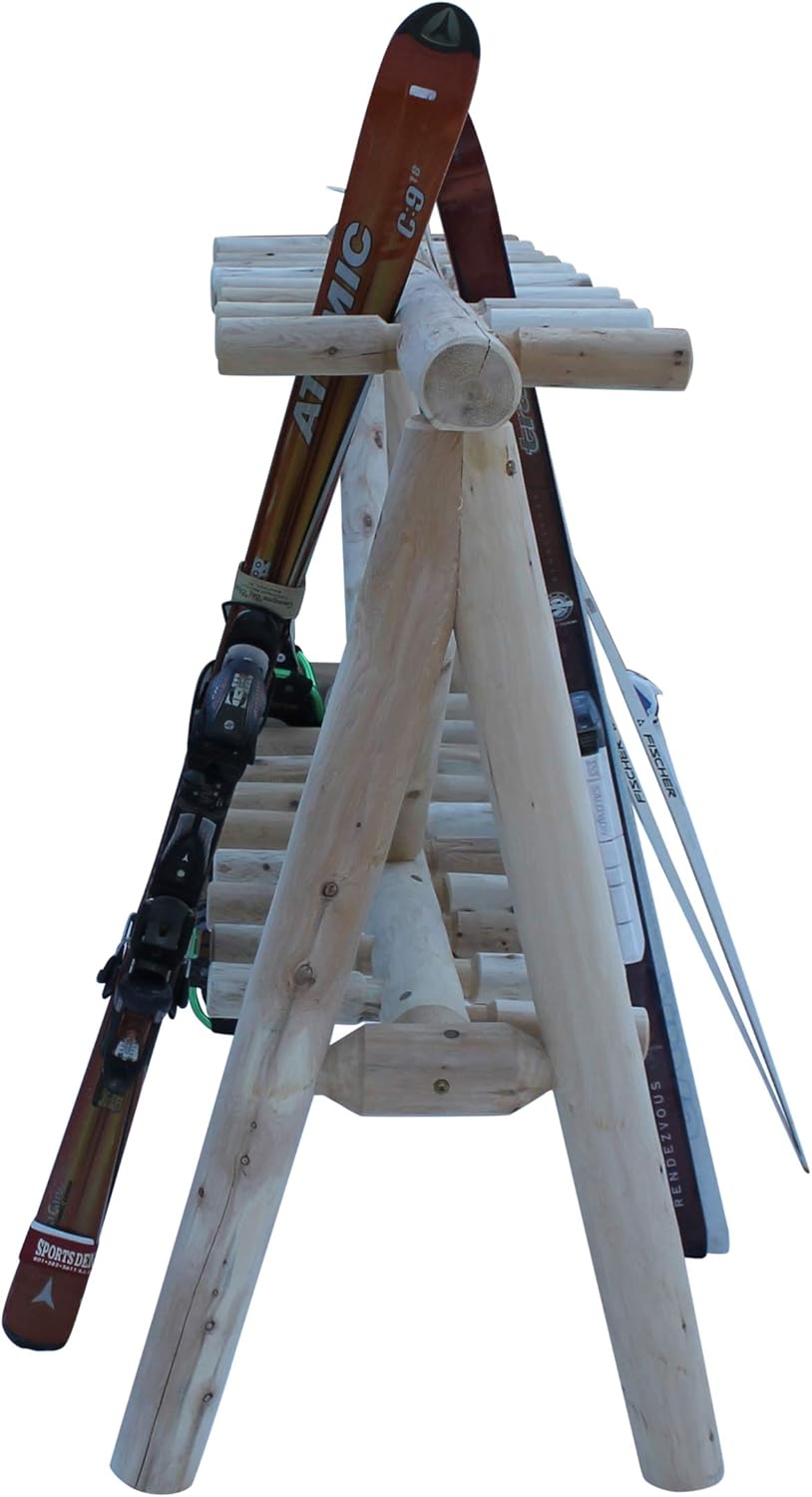 21-Place Freestanding Log Ski Rack Holder, Indoor & Outdoor Snowboard Racks, Standing Storage, Garage Racks for Snow Skis & Poles, Durable Snowboard Rack Garage Storage Organizer - Natural