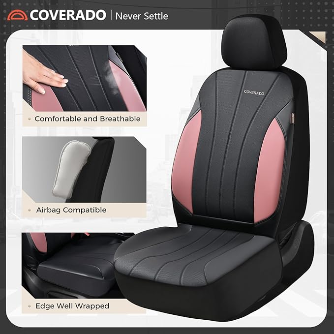 Coverado Car Seat Covers, Luxury Seat Covers Full Set, Waterproof Leather Car Seat Protectors, Pink Automotive Seat Covers Universal Fit for SUVs Trucks Sedans