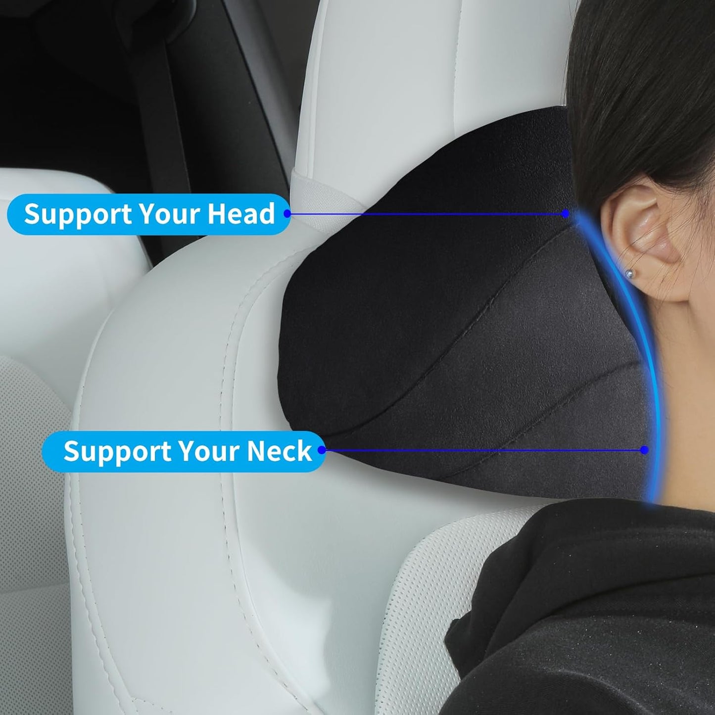 Car Headrest Pillow for Driving, Softness Ergonomic Design Universal Travel Neck Pillow for Most Cars, Office Chairs, Gaming Chairs with Extra Filler Cotton Bag (Black, 2PC)