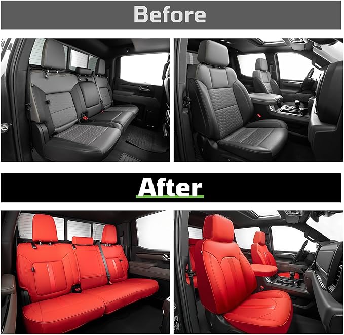 Seat Covers Fit for Chevy Silverado 1500 & GMC Sierra 1500 Crew Cab(2019-2025),Faux Leather Automotive Seat Covers,Custom Pickup Car Seat Covers Full Set,Red(with Rear Cup Holder/Seat Back Storage)