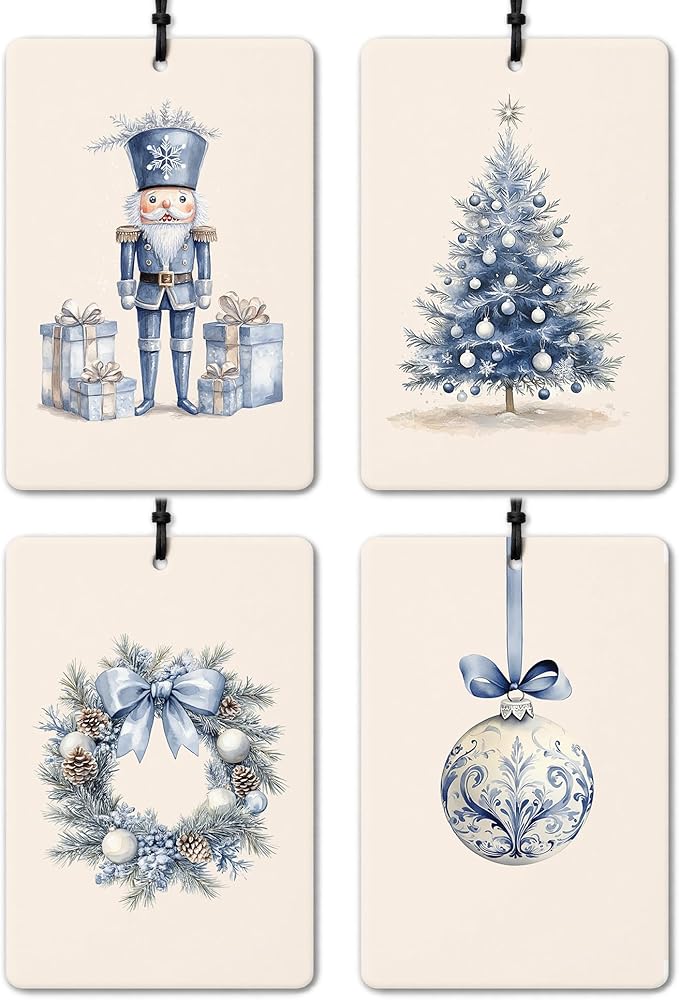 Blue Chinoiserie Christmas Car Air Freshener 4 Pcs, Coquette Christmas Tree Nutcracker Bauble Wreath Hanging Air Freshener for Cars Closet Drawer Books, Girly Blue Xmas Car Accessories for Women