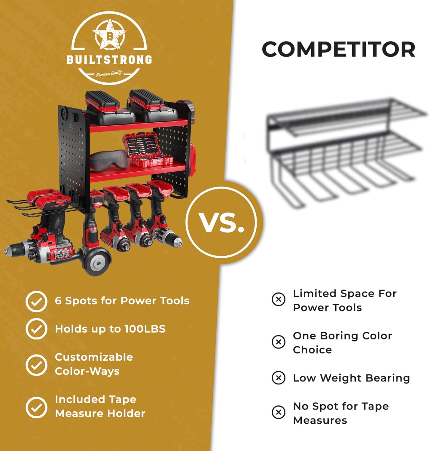 Power Tool Organizer-6 Drill Holder Wall Mount, 3 Tier Heavy-Duty Hand Tool Storage Rack, Utility Racks, Drill Holder, 2 Pegboard Sides - Garage Storage Cordless Tool Organizer (Red)