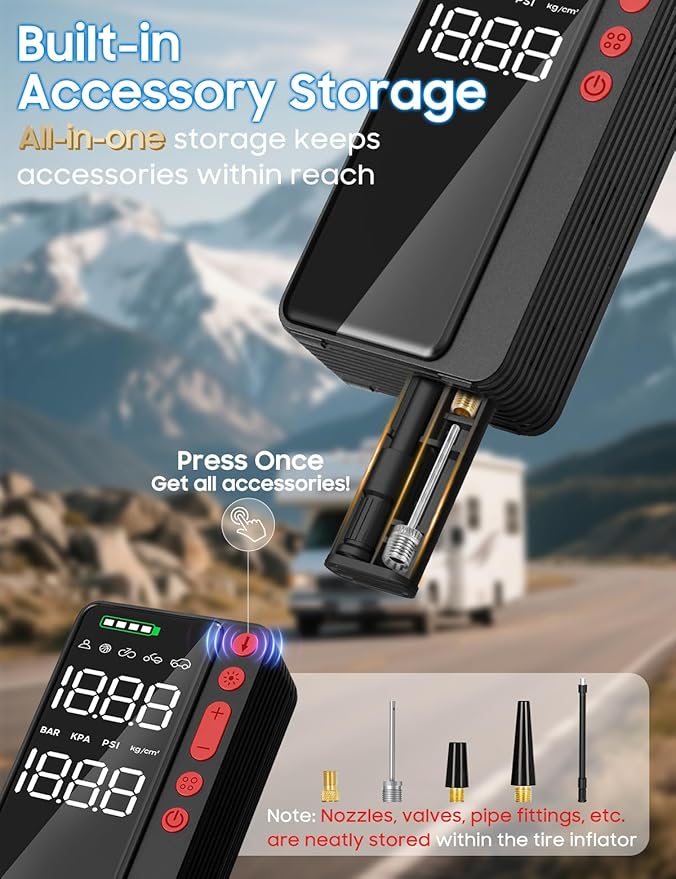 Tire Inflator Portable Air Compressor, 10000mAH&150PSI Smart APP Cordless Air Pump For Car Tires, Built-in Accessories Storage, Bike Pump with Digital Gauge&LED Light for Motorcycle, Ball