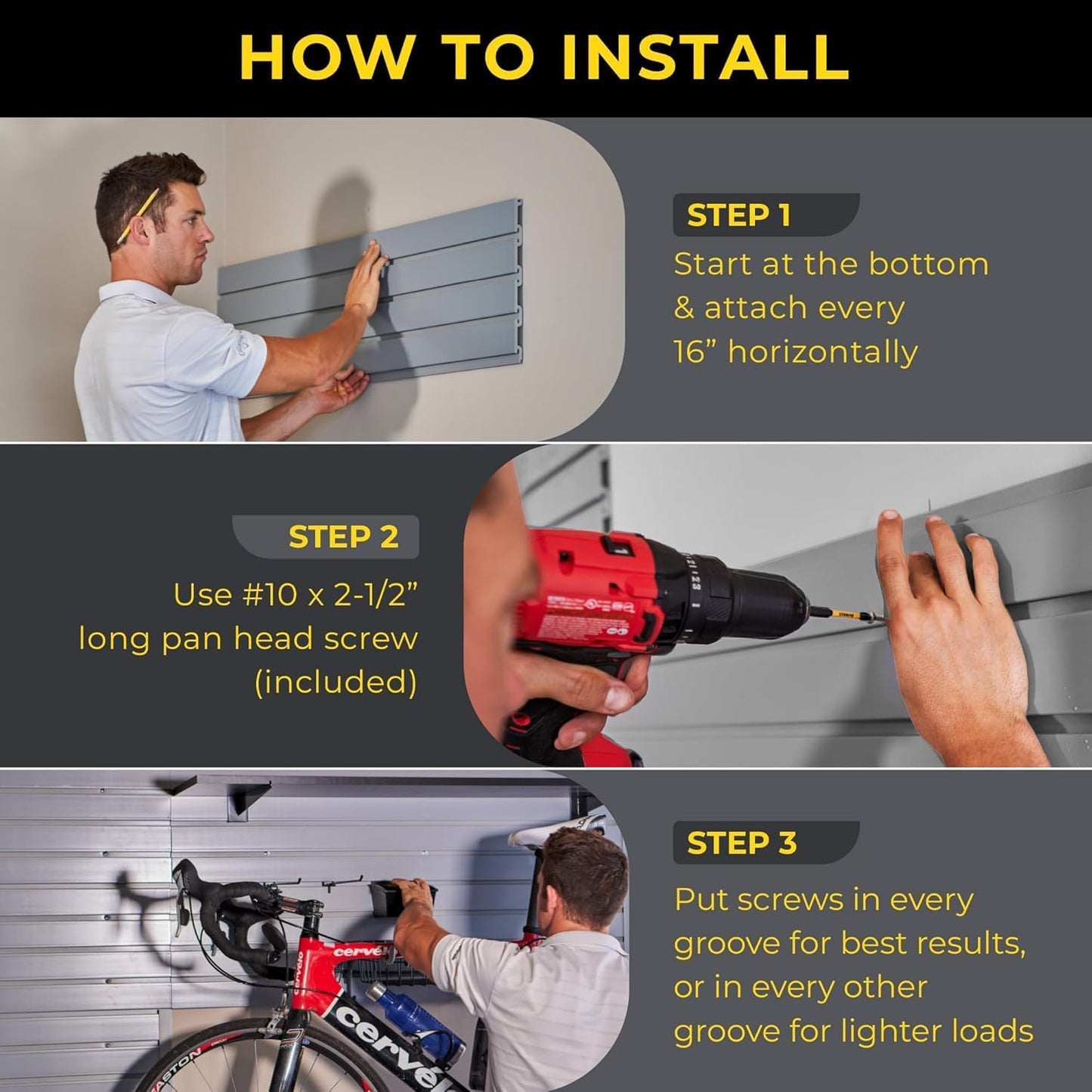 Slatwall Panel Garage Wall Organizer: Heavy Duty Wall Mounted PVC Wall Rack, Interlocking Slat Wall Paneling for Garage Wall Storage, Slatwall Board, Slatwall Shelves System -Black (4’H x 8’W)