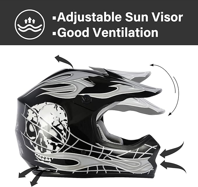 XFMT DOT Youth Kids Dirt Bike Helmet Full Face Motocross Helmets for Off-Road ATV Street Bike Four Wheeler Motorcycle with Goggles & Gloves, Black Skull X-Large