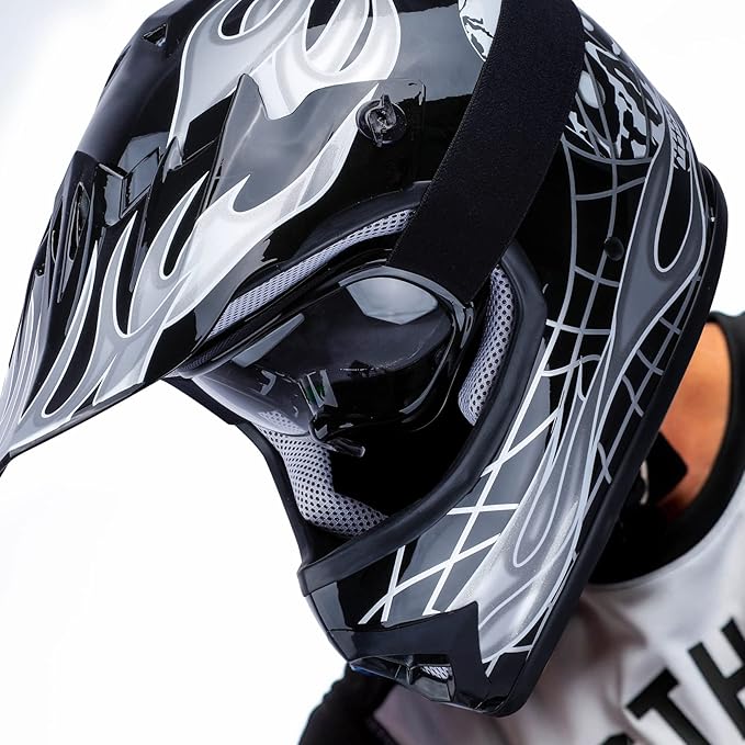 XFMT DOT Youth Kids Dirt Bike Helmet Full Face Motocross Helmets for Off-Road ATV Street Bike Four Wheeler Motorcycle with Goggles & Gloves, Black Skull X-Large