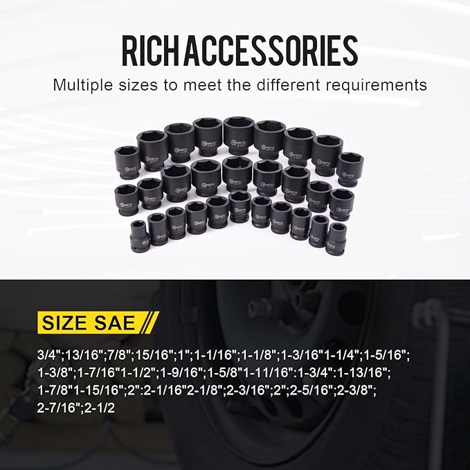 29-Piece 3/4" Drive Impact Socket Set, SAE 3/4" to 2-1/2", 6-Point Design, Rugged Construction, with Heavy-Duty Storage Case – Ideal for Auto Repair & Household Use