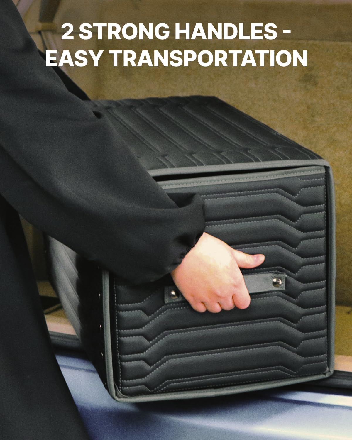 Trunk Storage 17.7" Collapsible Crate For Groceries, Tools & Travel Gear - Eco-Leather Car Organizer With Magnetic Lid - Practical Birthday Gift For Men (Highway 17)