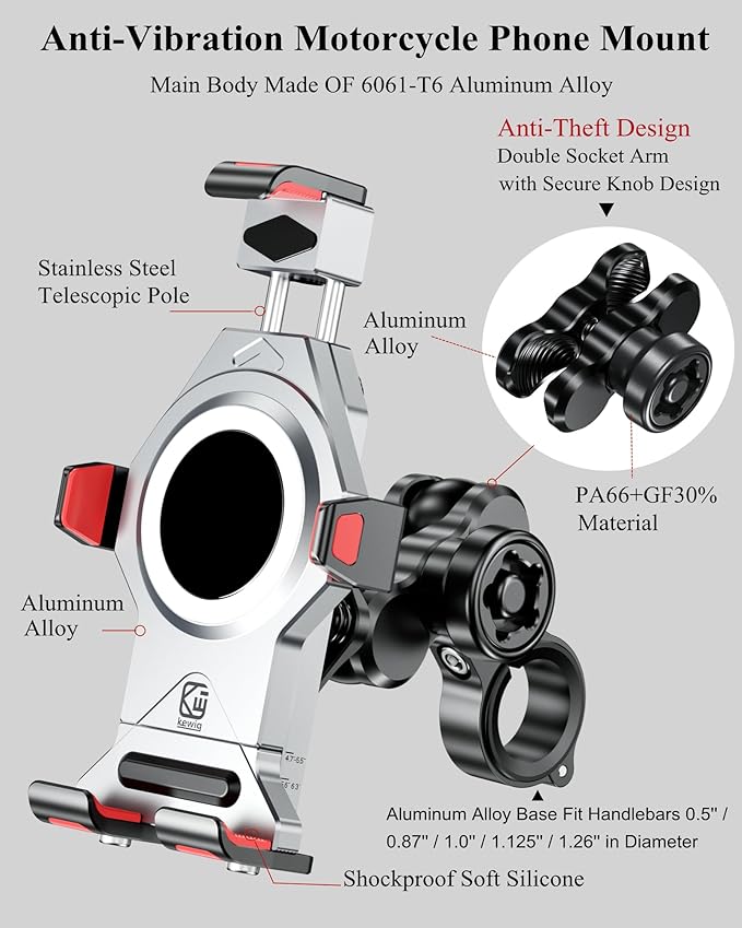 BRCOVAN Anti-Theft Aluminum Alloy Motorcycle Phone Mount with Vibration Dampener & Secure Lock, Adjustable Motorcycle Handlebar Cellphone Holder for Bike Bicycle Scooter ATV, Fit 4.7-7.2'' Smartphone