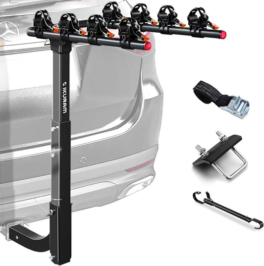 4 Bike Rack Bicycle Carrier Racks Hitch Mount Double Foldable Rack for Cars Truck SUV Fits 2" Receiver, Tie Down Strap, Anti-Rattle Hitch Tightener & Bicycle Cross-bar Adapter for Kid’s Bike
