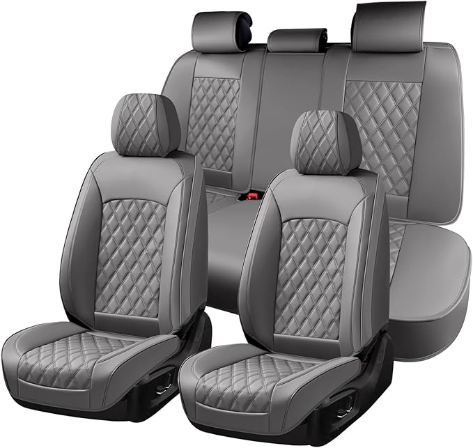 Huidasource Gray Seat Covers Full Set, Gray Seat Covers 5 Seats Waterproof Nappa Leather, Universal Fit for Most Cars,Van,Truck, SUV, Honda Civic Nissan Compass Sentra Focus Explorer(Full Set/Gray)