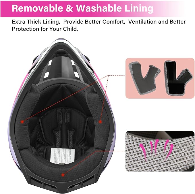 XFMT DOT Youth Kids Dirt Bike Helmet Full Face Motocross Helmets for Off-Road ATV Street Bike Four Wheeler Motorcycle with Goggles & Gloves, Rose Red Medium