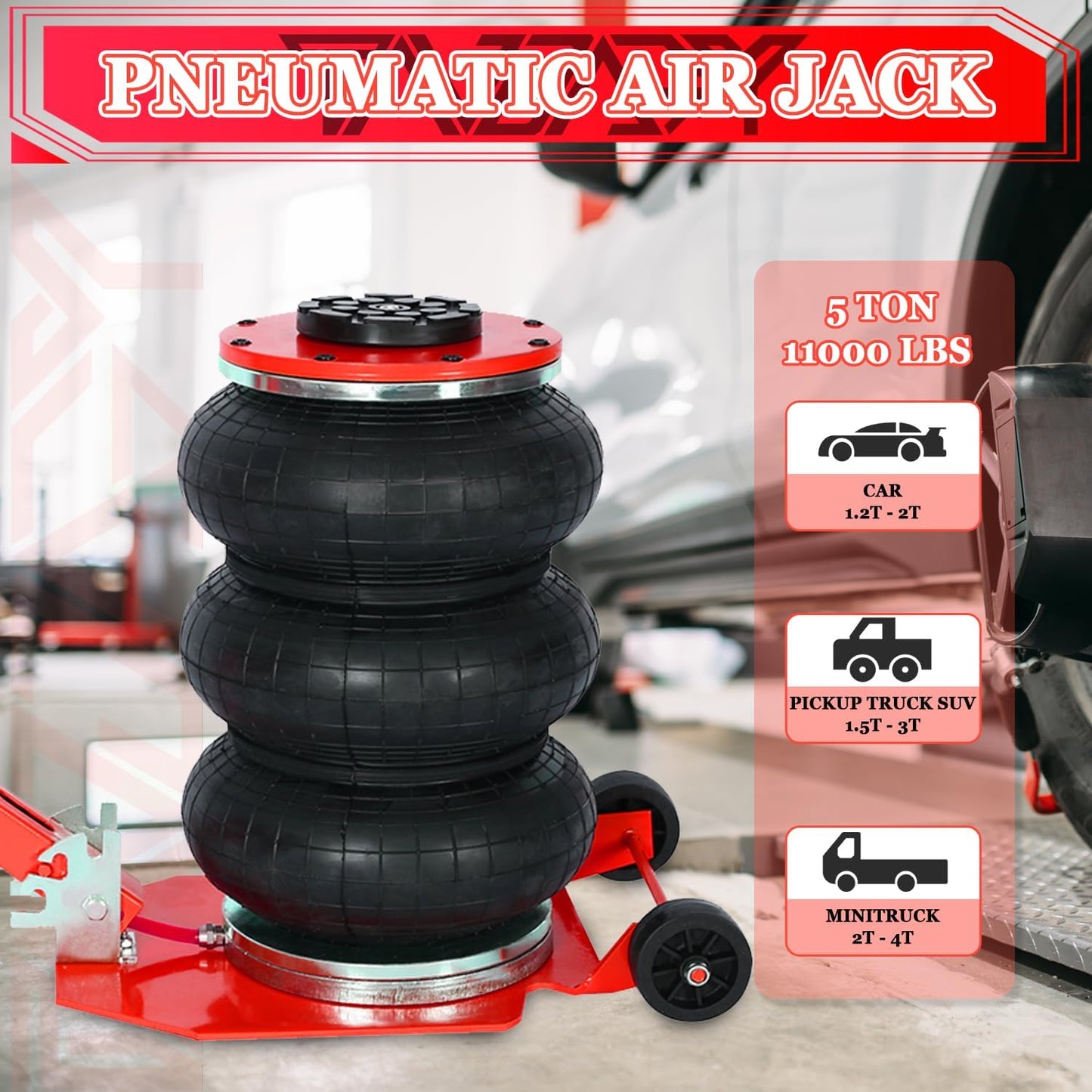 5T Triple Bag Air Jack 11000lbs Pneumatic Jack 3s Fast Lift Up 16in Airbag Jack with Adjustable Long Handle Heavy Duty Triple Air Bag Jack Lift for Cars Garage (Red)
