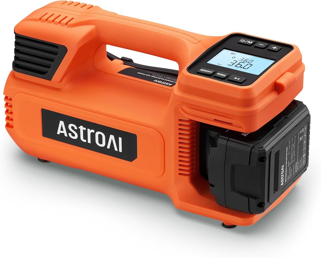 AstroAI TC4 Portable Air Compressor Tire Inflator, 470W 18V Cordless Air Pump for Truck Tires with 4000mAh Battery, 150PSI Heavy Duty Air Compressor with Digital Display for Car, RVs, SUV Gift Orange