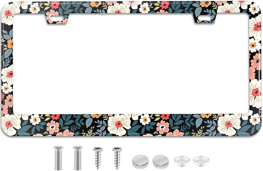 Folk Floral License Plate Frame Colorful Flowers Stainless Steel License Plate Frames Holder Covers Rust-Proof Auto Parts Decoration with Screws License Plate Holder for Car Accessories 12x6 Inch