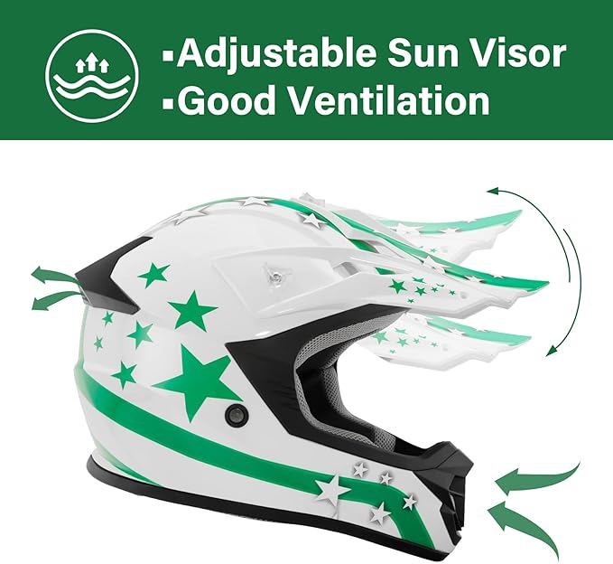 XFMT DOT Youth Kids Dirt Bike Helmet Full Face Motocross Helmets for Off-Road ATV Street Bike Four Wheeler Motorcycle with Goggles & Gloves, Green Star Large