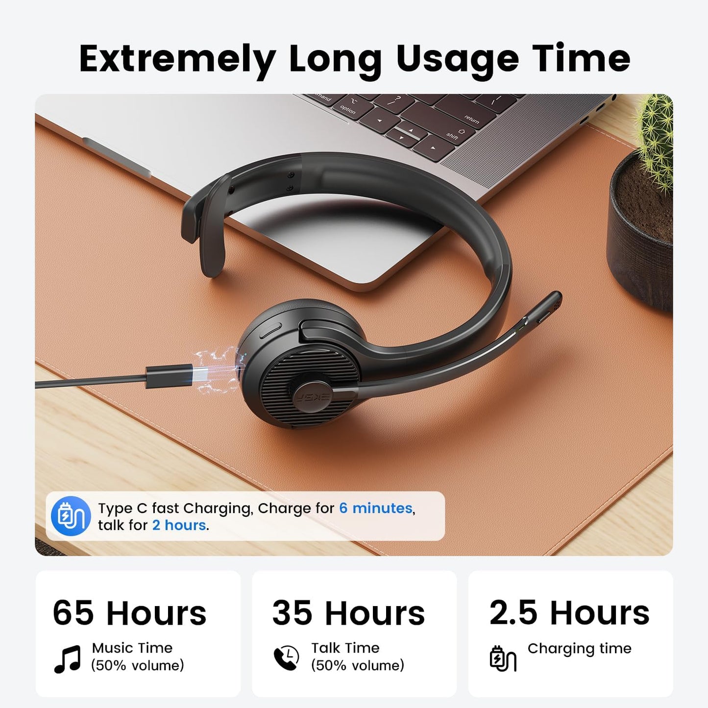 EKSA H3 Trucker Bluetooth Headset V5.4, Wireless Headphones with Mic Noise Cancelling, Mute Button & Replacement Ear Cushion, 65Hrs Driver Bluetooth Headset for Cellphone Office Work