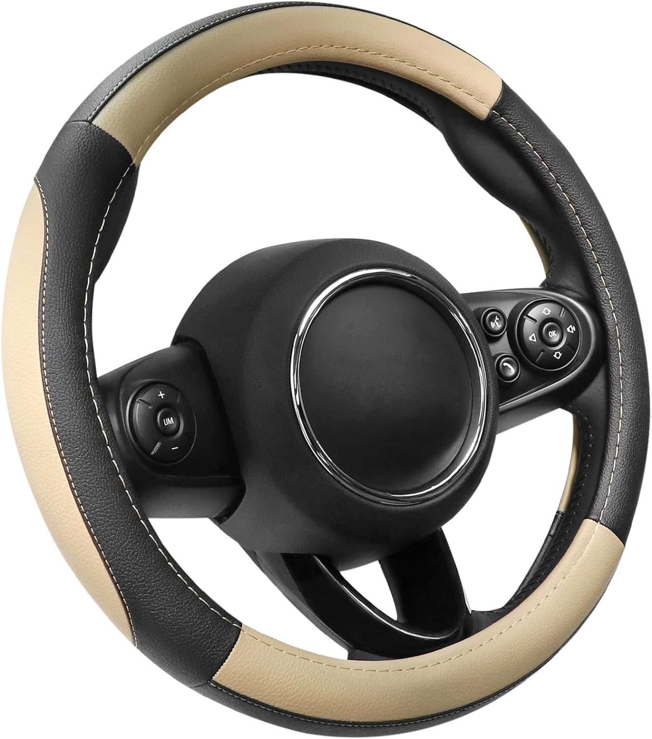 SEG Direct Car Steering Wheel Cover for Prius Civic Model 3 Model Y Camaro, Small Size 14-14.25 inch, Black and Beige Microfiber Leather