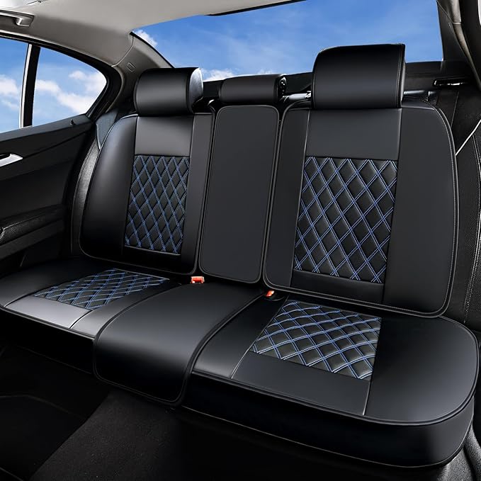 Huidasource Car Back Seat Cover, Leather Anti Slip Automotive Rear Seat Cover Protector, Back Seat Car Cover Velcro Adjustable Universal Fit for Most Cars Sedan SUV Pickup Truck (Back Row/Black&Blue)