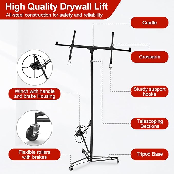 16FT Drywall Lift Sheetrock Lift, 150LBS Capacity, Drywall Lift Panel Hoist with Telescopic Arm, Drywall Jack Lift with 3 Lockable Wheels for Home Improvement Classic, 4'x16' Panel Size, Black