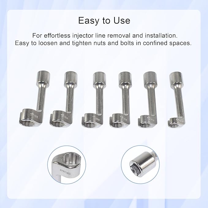 1/2" Dr Injection Line Socket Wrench Set, 6pc 12pt Diesel Fuel Line Socket Set, L-Type Injection Line Socket with 12 14 16 17 18 19mm Wrenches, Fuel Line Dismantling Removal Tool