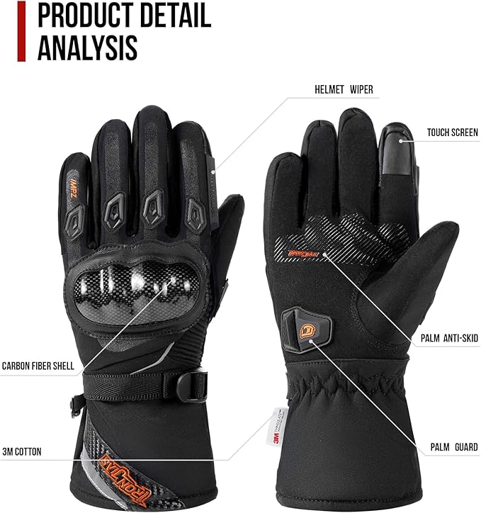 BORLENI Winter Motorcycle Gloves for Men, CE Level 1 KP Protection, Touchscreen Windproof Waterproof Warm Riding Gloves with Carbon Fiber Shell for Cold Weather