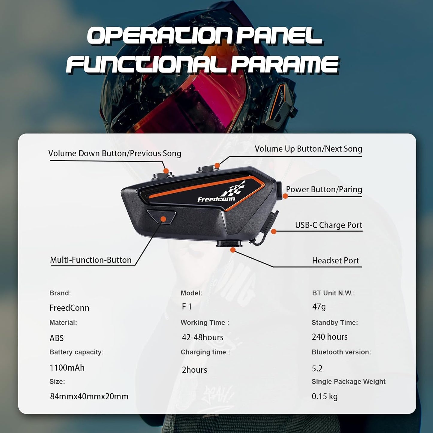 FreedConn F1 Motorcycle Helmet Bluetooth Headset with CVC Noise Cancellation, Stereo Music, Bluetooth 5.2, IP65 for Motorcycle Touring, Snowmobile/ATV