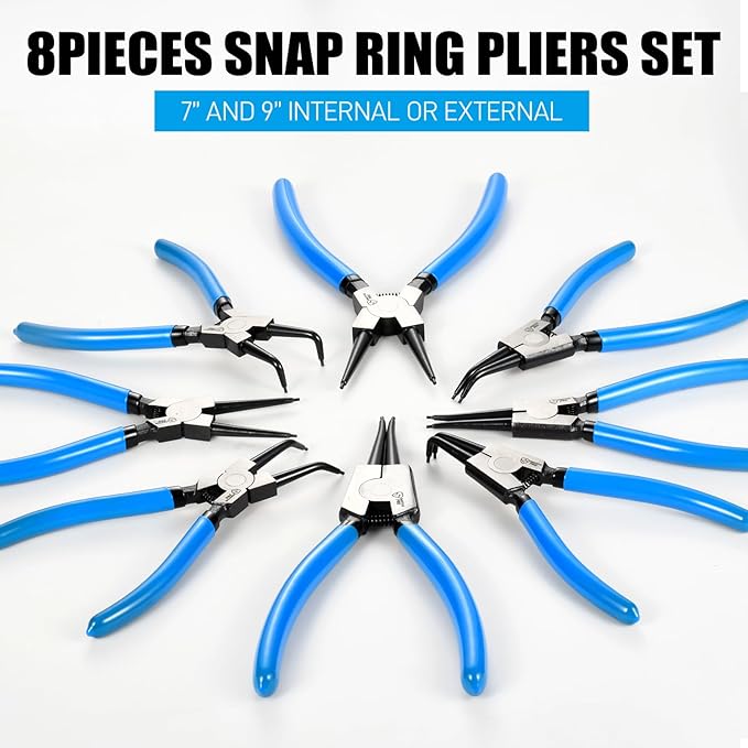 8 Piece Precision Snap Ring Pliers Set – 7" & 9" Internal/External Circlip Pliers, 3 Angle Tips (0° 45° 90°), Heavy Duty CR-V Steel