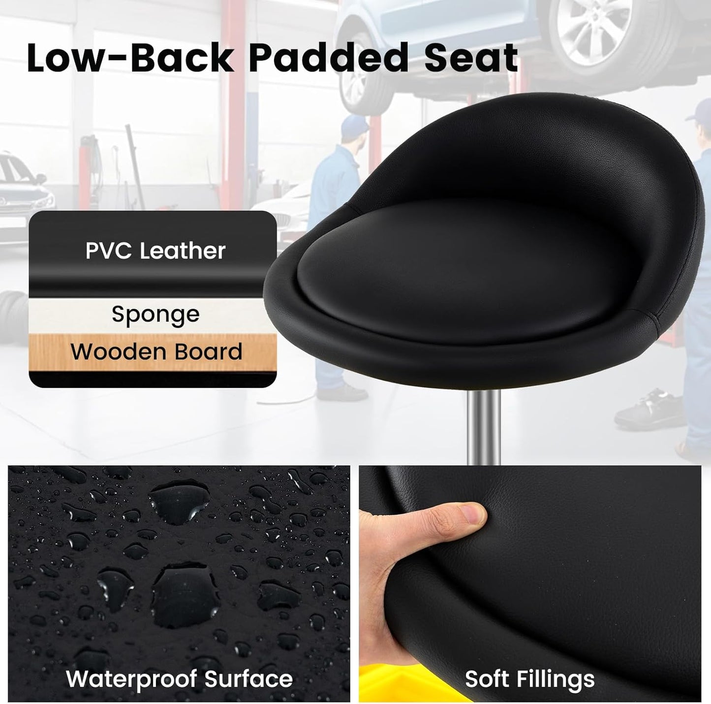 Goplus Rolling Garage Stool, 20”-25” Height Adjustable Mechanic Stool w/Magnetic Tool Tray, 2.5" Thick Padded Seat, Universal Lockable Wheels, Pneumatic Creeper Seat for Repair Shop, 350LBS Capacity