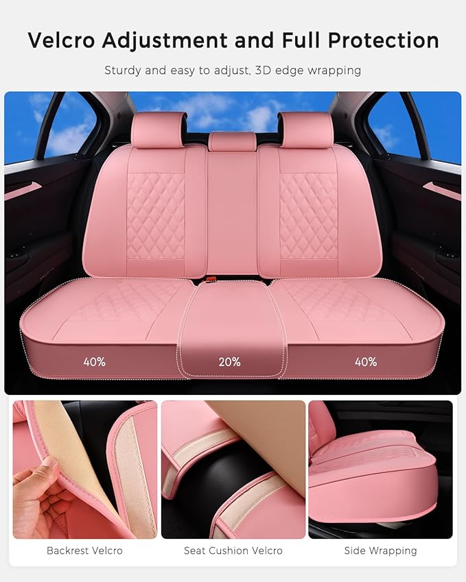 Huidasource Pink Rear Seat Covers, Nappa Leather Back Seat Covers Velcro Adjustable, Compatible with Armrests, Seat Belts, Child Safety Seats, Fit for Most Cars SUVs Trucks (Back Row/Pink)
