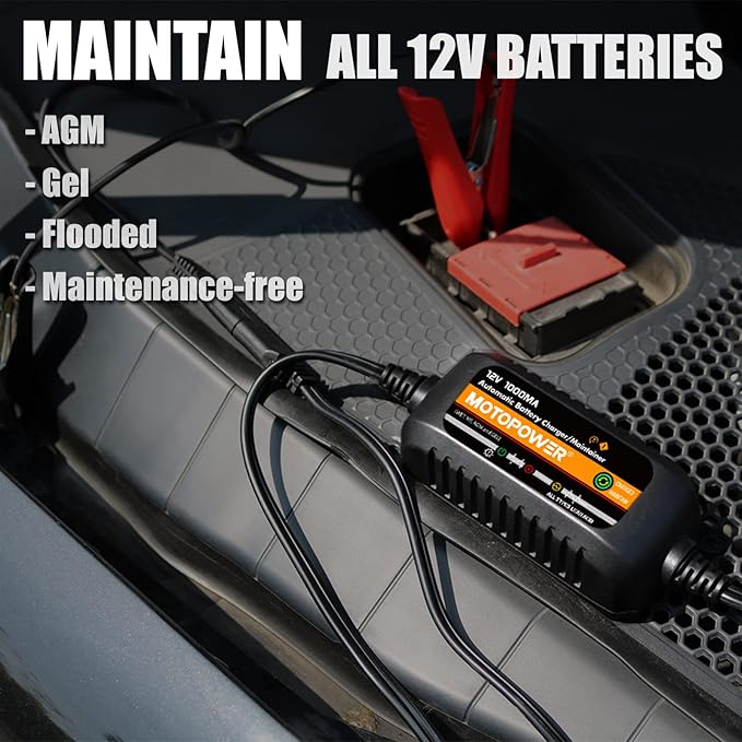 MOTOPOWER MP00205B 12V 1000mA Automatic Battery Charger, Battery Maintainer, Trickle Charger, and Battery Desulfator with Timer Protection - Black Edition
